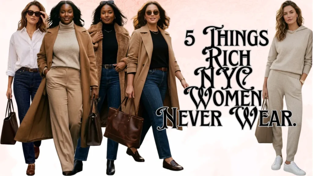A master fashion roundup image displaying classic quiet luxury outfits on a pale pink abstract background. From left to right, five women model sophisticated, high-end minimalist styles: a crisp white button-down shirt tucked into dark wash jeans with a brown leather belt; a beige turtleneck paired with wide-leg camel trousers and a matching long trench coat; a black turtleneck layered under a plush camel teddy coat with dark jeans; a classic black crewneck top with dark denim, a tan trench coat, and brown leather loafers; and a cozy heather gray knit hoodie and matching jogger lounge set paired with clean white sneakers. Large black decorative script text on the right reads "5 Things Rich NYC Women Never Wear." with shapeglowup.com along the bottom edge.