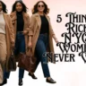 A master fashion roundup image displaying classic quiet luxury outfits on a pale pink abstract background. From left to right, five women model sophisticated, high-end minimalist styles: a crisp white button-down shirt tucked into dark wash jeans with a brown leather belt; a beige turtleneck paired with wide-leg camel trousers and a matching long trench coat; a black turtleneck layered under a plush camel teddy coat with dark jeans; a classic black crewneck top with dark denim, a tan trench coat, and brown leather loafers; and a cozy heather gray knit hoodie and matching jogger lounge set paired with clean white sneakers. Large black decorative script text on the right reads "5 Things Rich NYC Women Never Wear." with shapeglowup.com along the bottom edge.