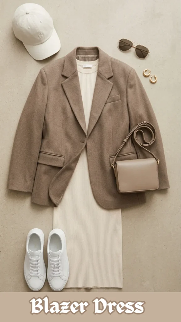 A flat lay fashion outfit layout displaying a daytime, casual interpretation of celebrity style from Blazer Dress 1.webp. Arranged on a neutral concrete-textured background, the capsule wardrobe features an "oversized brown wool blazer" layered over a "cream ribbed midi dress," paired with "clean white sneakers." Accessories arranged around the outfit include a structured taupe leather crossbody bag, an off-white baseball cap, gold aviator sunglasses, and chunky gold hoop earrings, illustrating a polished but relaxed outfit inspiration.