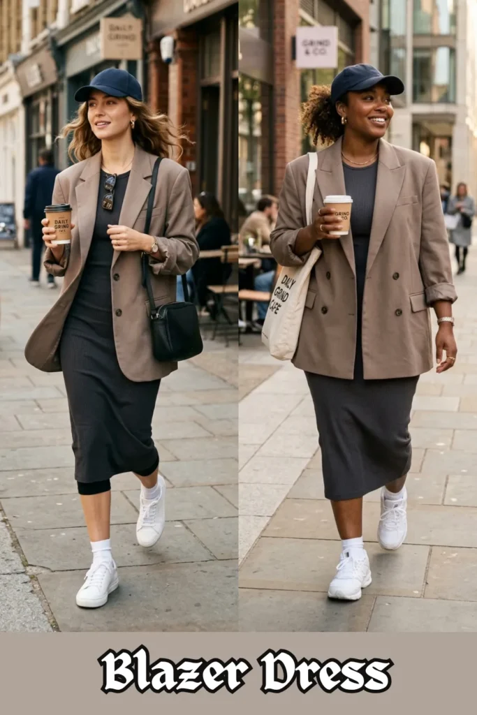 A two-panel vertical collage featuring women holding coffee cups while walking down a city street, modeling Hailey Bieber’s Blazer Dress style for a coffee run chic look. Both panels showcase a woman wearing an "oversized brown blazer" with pushed-up sleeves over a "charcoal gray ribbed midi dress." The outfit is casualized with a dark blue baseball cap, visible white crew socks, and "white sneakers." This style guide from Blazer Dress 2.webp highlights how to pull off affordable celebrity fashion that feels "polished but relaxed."