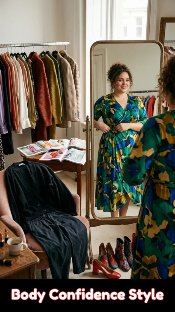 A curvy woman with curly hair pulled into an updo stands in a brightly lit dressing room, smiling warmly at her reflection in a large, gold-framed full-length mirror. She is trying on a vibrant, colorful wrap dress featuring a bold abstract pattern in green, blue, yellow, and black, tying the fabric at her waist. In the foreground, a dusty pink velvet armchair holds a pair of casual, baggy black pants and a dark cardigan left behind. In the background, a clothing rack is filled with garments in autumn tones, open fashion magazines rest on a small wooden table, and several pairs of colorful shoes are arranged on the floor. A solid black banner at the very bottom features rounded white text outlined in red that reads "Body Confidence Style".