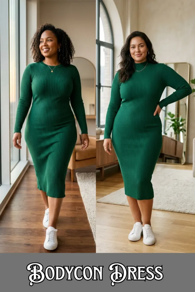 A side-by-side fashion comparison on a grey background showcasing two casual styling options for a knit midi dress. On the left, a smiling woman walks indoors by a window wearing a green ribbed long-sleeve bodycon midi dress with a crew neckline, paired with white sneakers and a delicate gold pendant necklace. On the right, a woman poses indoors with a hand on her hip modeling a similar green ribbed bodycon midi dress featuring a mock neckline, styled with white sneakers and a subtle silver chain necklace. Stylized black and white text at the bottom reads "BODYCON DRESS".