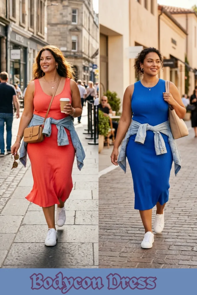A side-by-side comparison image demonstrating how to style bright, ribbed knit midi dresses for a casual daytime look. On the left, a smiling plus-size woman walks down a city street wearing a vibrant coral-pink ribbed midi dress with a scoop neckline. She has a light-wash denim jacket tied around her waist, and pairs the look with white sneakers and a tan leather crossbody bag. On the right, another smiling plus-size woman walks down a paved walkway wearing the same outfit formula in a bright royal blue color with a crew neckline, also featuring a denim jacket tied at the waist, white sneakers, and a beige shoulder tote bag. At the bottom, stylized blue text reads "Bodycon Dress."