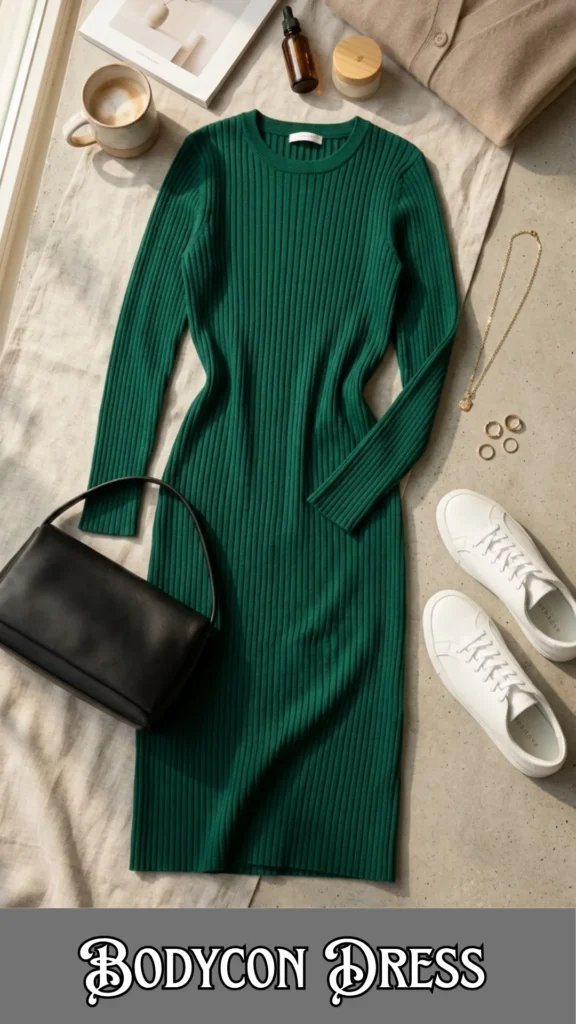 A high-angle fashion flat lay on a textured cream linen and concrete background showcasing a casual outfit formula. At the center is a green ribbed long-sleeve bodycon midi dress with a crew neckline. Arranged around the dress are a pair of clean white leather sneakers, a structured black leather shoulder bag, a folded beige cardigan, a delicate gold pendant necklace, gold rings, a ceramic coffee cup, a magazine, and skincare bottles. Stylized black and white text on a grey banner at the bottom reads "BODYCON DRESS".