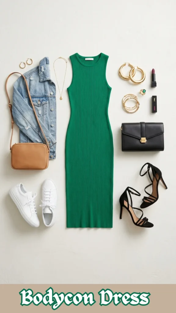 A flat-lay fashion layout on a white background highlighting two different ways to style a single emerald green ribbed knit midi dress. On the left side, casual daytime accessories are arranged, including a light-wash distressed denim jacket, a tan leather camera-style crossbody bag, white leather sneakers, and a delicate gold pendant necklace. On the right side, evening accessories are curated, including strappy black high-heeled sandals with ankle straps, a structured black leather envelope clutch, chunky gold hoop earrings, layered gold bracelets, an emerald ring, and a tube of lipstick. At the bottom, stylized green text reads "Bodycon Dress."