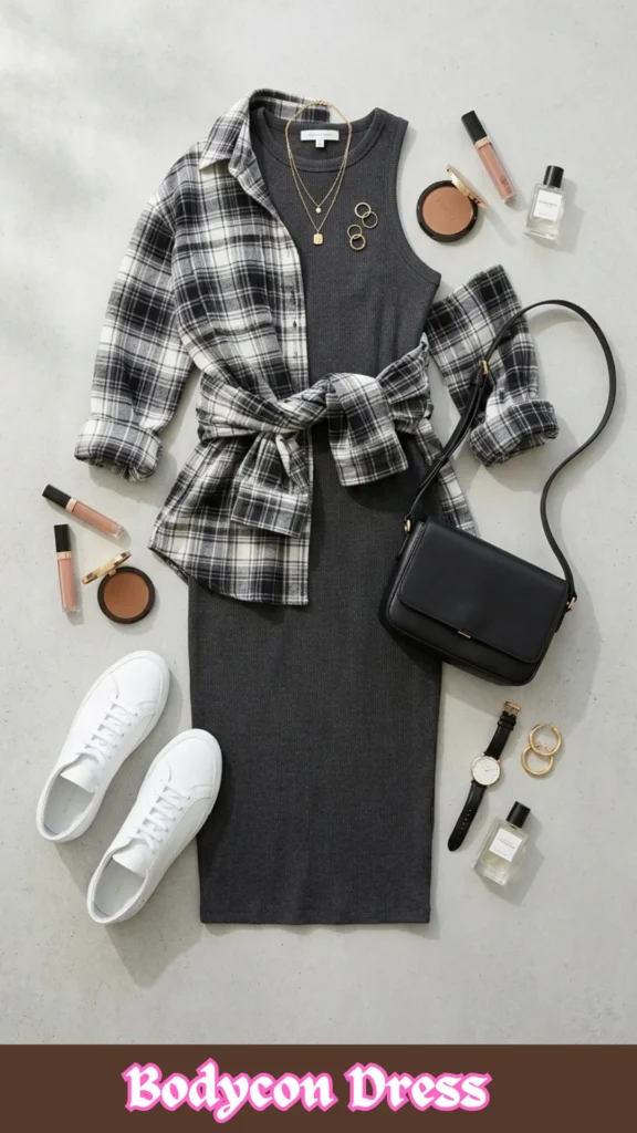 A high-angle flat lay fashion layout showcasing a casual and practical capsule wardrobe. Arranged on a textured gray concrete-style background, the centerpiece is a dark charcoal grey ribbed tank bodycon dress. Layered over the dress and tied securely at the waist is a black and white plaid flannel button-down shirt, showing cuffed sleeves. Styled with white sneakers, a black leather structured crossbody bag, layered gold necklaces, and daily makeup essentials, this layout illustrates a body positive outfit inspiration for apple and pear shapes needing extra coverage.