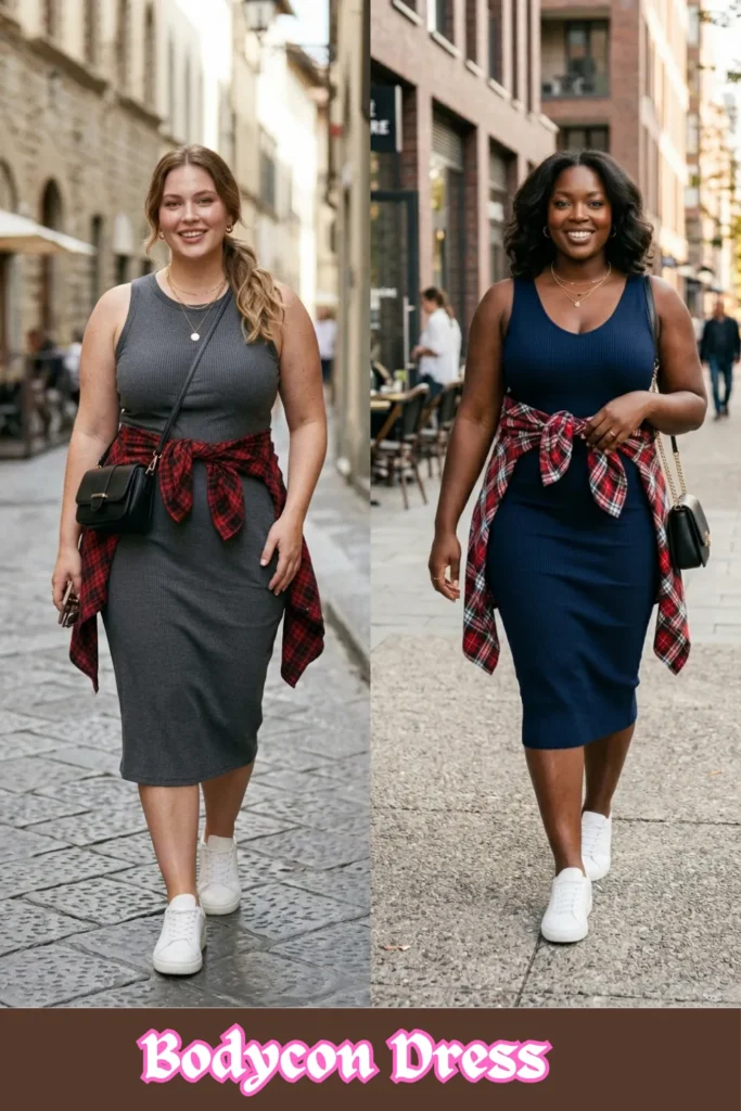 A two-panel vertical collage highlighting body-positive styling options from _Bodycon Dress B.webp. The left panel features a woman walking along a cobblestone street wearing a dark charcoal gray ribbed tank bodycon dress styled with a red and black plaid button-down shirt tied at the waist. The right panel shows a black woman walking down a city sidewalk wearing a navy blue V-neck ribbed bodycon midi dress, also featuring a red plaid shirt tied around her hips. Both casual street style outfits are paired with clean white sneakers and a black leather crossbody bag, illustrating a genius way to add extra coverage below the waist.