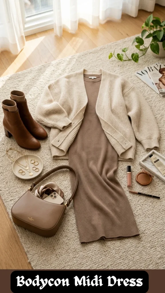 A high-angle flat lay fashion layout featuring a cozy daytime wardrobe from Bodycon Midi Dress 1.webp. Set on a plush cream textured rug near a sunlit window, the outfit includes a taupe bodycon midi dress layered underneath an open, chunky ribbed knit oversized cardigan in a cream tone. It is styled with brown leather ankle boots, a structured taupe leather shoulder bag, layered gold necklaces, gold hoop earrings, a lip gloss, and a bronzer palette, illustrating a chic and comfortable outfit blueprint.
