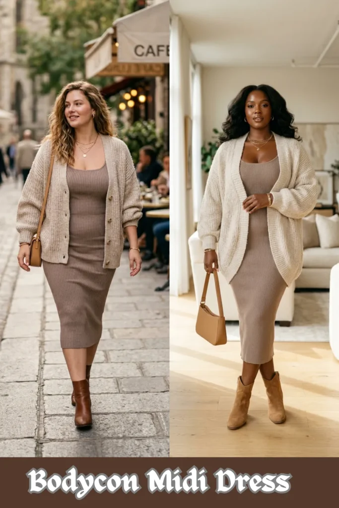 A two-panel vertical collage highlighting cozy, casual ways to style tight dresses from Bodycon Midi Dress 2.webp. The left panel shows a woman walking by an outdoor cafe in a taupe bodycon midi dress layered with a chunky beige button-up cardigan and brown leather ankle boots. The right panel features a black woman modeling the same taupe midi dress with an open, oversized cream duster cardigan and tan suede ankle boots. This cozy styling guide creates long vertical lines, making it a perfect look for a casual brunch or working from home.