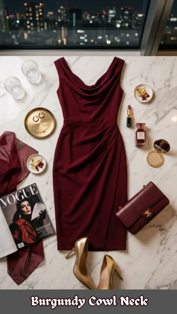 A high-angle flat lay fashion layout featuring a deep burgundy sleeveless midi dress centered on a white marble table in front of a window overlooking a blurred city skyline at night. The dress features a draped cowl neckline and a wrap-style skirt with subtle side pleating. Surrounding the dress are sophisticated evening accessories, including a pair of metallic gold stiletto pumps, a matching burgundy leather flap clutch with a gold designer logo, gold hoop earrings, a delicate gold necklace on a small plate, and two small dishes holding decorative gold flakes and red berries. Completing the arrangement are a luxury perfume bottle, an open gold compact mirror, a tube of dark red lipstick, a sheer burgundy scarf, and an open Vogue magazine showing an editorial cover page.