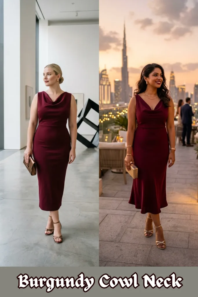 Two women showcasing a side-by-side comparison of a deep burgundy sleeveless midi dress featuring an elegant cowl neckline. On the left, a blonde woman with her hair secured in a sleek low bun stands in a bright, modern art gallery. She wears a fitted, straight-cut version of the dress paired with a metallic bronze clutch and strappy bronze high heels. On the right, a smiling woman with wavy dark hair poses on an outdoor rooftop terrace at sunset, with the iconic Burj Khalifa and Dubai skyline blurred in the background. Her dress has a gentle A-line flare at the hem, and she styles it with a small gold box clutch, layered gold necklaces, and strappy gold high heels.