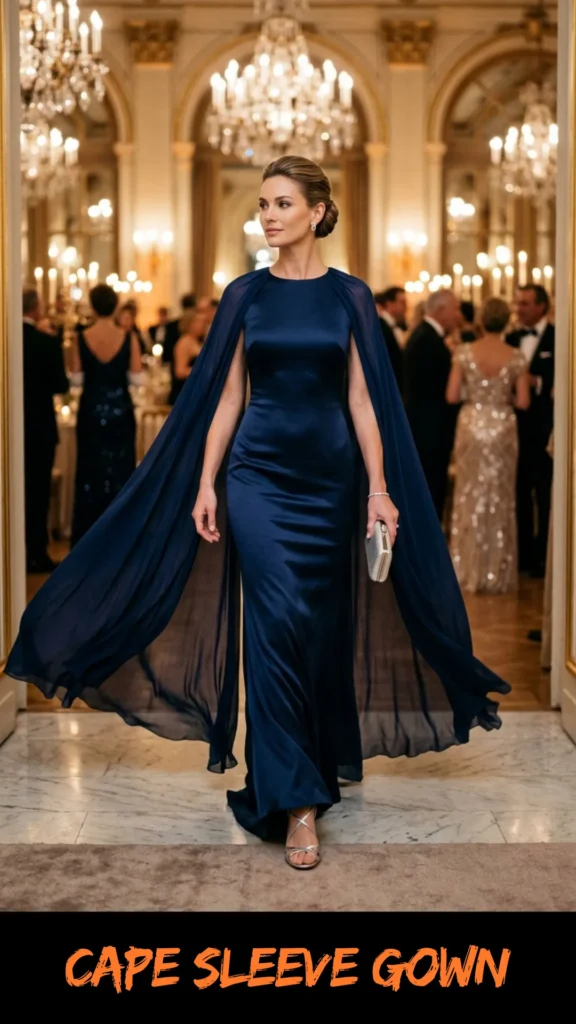 A fashion graphic featuring a woman with an elegant updo hairstyle walking confidently forward through the doorway of a grand, luxurious ballroom. She wears a floor-length navy blue satin gown featuring a dramatic, flowing sheer chiffon cape attached at the shoulders. She holds a small metallic silver clutch bag and wears silver strappy heels. The background shows a formal gala with guests, ornate gold architecture, and large crystal chandeliers. Orange brushstroke text at the bottom reads "CAPE SLEEVE GOWN".