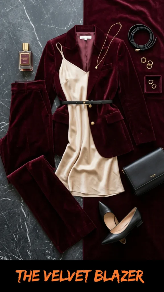 A flat lay fashion composition displaying a luxury autumn or winter outfit arranged on a split background of black marble and burgundy velvet fabric. The ensemble features a tailored deep burgundy velvet blazer with gold buttons, a champagne silk camisole slip dress, and matching burgundy velvet trousers. The look is accessorized with a thin black leather waist belt, black pointed-toe low heels, a structured black leather clutch bag, a dainty gold pendant necklace, gold rings, a bottle of perfume, and a spare black leather belt. Orange brushstroke text at the bottom reads "THE VELVET BLAZER".