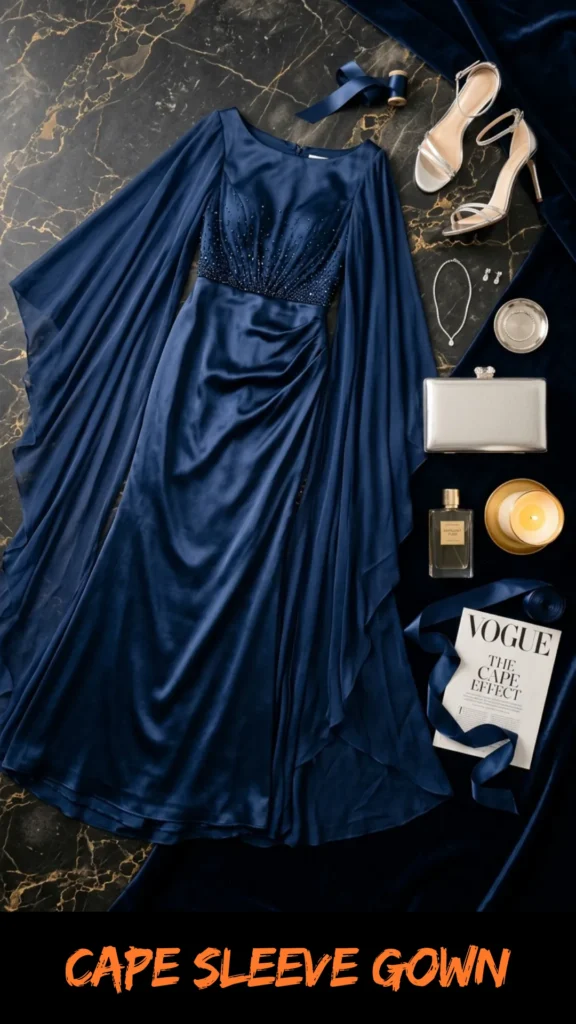 A flat lay fashion composition displaying a floor-length navy blue satin dress with dramatic, wide cape sleeves and an intricately beaded bodice, arranged on a black marble surface draped with dark blue velvet fabric. The gown is styled with luxury evening accessories, including silver metallic high-heel sandals, a diamond necklace and matching earrings, a structured silver clutch, a bottle of perfume, a lit scented candle, and a miniature Vogue magazine page that reads "THE CAPE EFFECT". Orange brushstroke text at the bottom reads "CAPE SLEEVE GOWN".