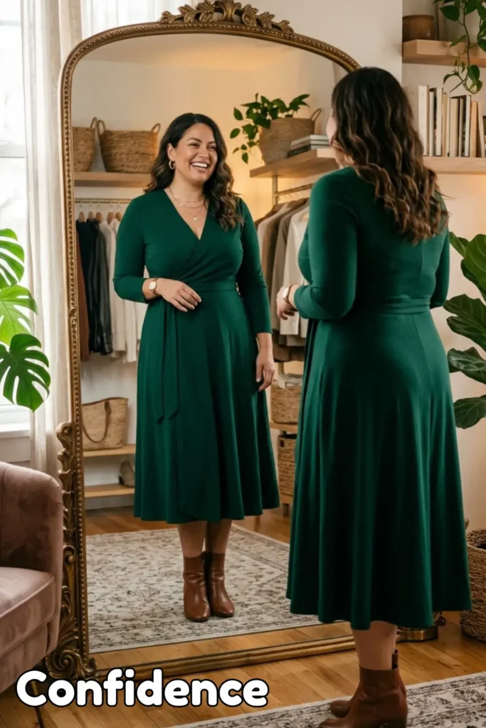 A smiling woman looking at her reflection in a large ornate gold floor mirror, wearing a forest green midi wrap dress. The image illustrates the Power Outfits That Give Instant Confidence (Any Size) checklist, showing the dress "celebrating curves" with a defined waist and a comfortable fit. She is styled with brown leather boots and simple gold jewelry in a bright, cozy room with plants and a wooden wardrobe in the background. The text overlay at the bottom reads "Confidence."