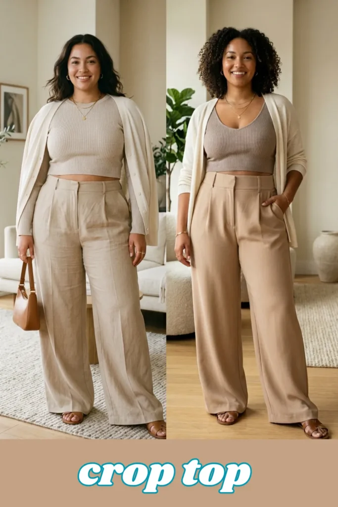 A side-by-side fashion comparison on a beige background featuring two styling options for a neutral knit crop top. On the left, a woman models a ribbed cream crewneck crop top with high-waisted pleated linen trousers, a draped matching cardigan, a brown leather handbag, and flat sandals. On the right, a woman models a ribbed taupe V-neck crop top paired with tan wide-leg trousers, a lightweight open cream cardigan, and brown leather sandals. Stylized white and blue text at the bottom reads "crop top".