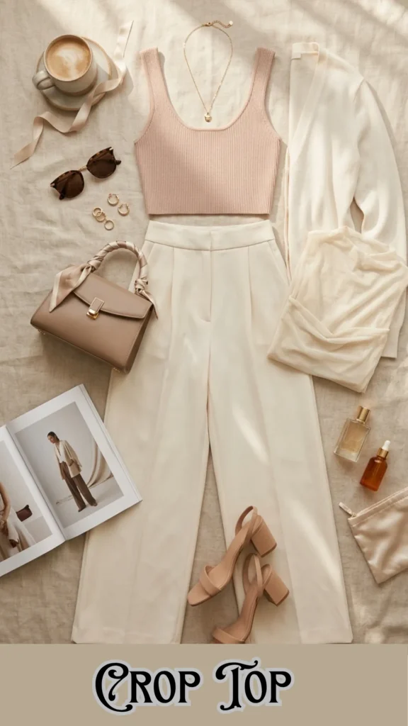 An elegant fashion flat lay on a textured cream linen background showcasing a neutral summer outfit formula. The layout features a ribbed light pink crop top paired with high-waisted, pleated cream wide-leg trousers, a matching lightweight white cardigan, and a sheer mesh top. Accessories include nude block-heel sandals, a structured tan leather handbag with a silk scarf wrapped around the handle, tortoiseshell sunglasses, gold jewelry, a coffee cup, and skincare bottles. Stylized black text at the bottom reads "CROP TOP".