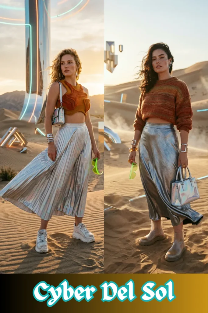 A side-by-side fashion comparison showcasing the futuristic "Cyber Del Sol" aesthetic set in a surreal desert landscape with glowing neon structures and geometric metallic monuments. On the left, a woman stands on the sand dunes at sunset wearing an asymmetric, textured orange crop top paired with a metallic silver holographic pleated midi skirt, white chunky platform sneakers, a silver shoulder bag, and metallic cuffs, while holding neon green sunglasses. On the right, a woman models a similar formula, wearing a rust and ochre gradient knit cropped sweater paired with a flowing metallic silver silk maxi skirt, clear PVC ankle boots, a silver holographic handbag, and silver statement jewelry. At the bottom, stylized turquoise text with a white border reads "Cyber Del Sol."