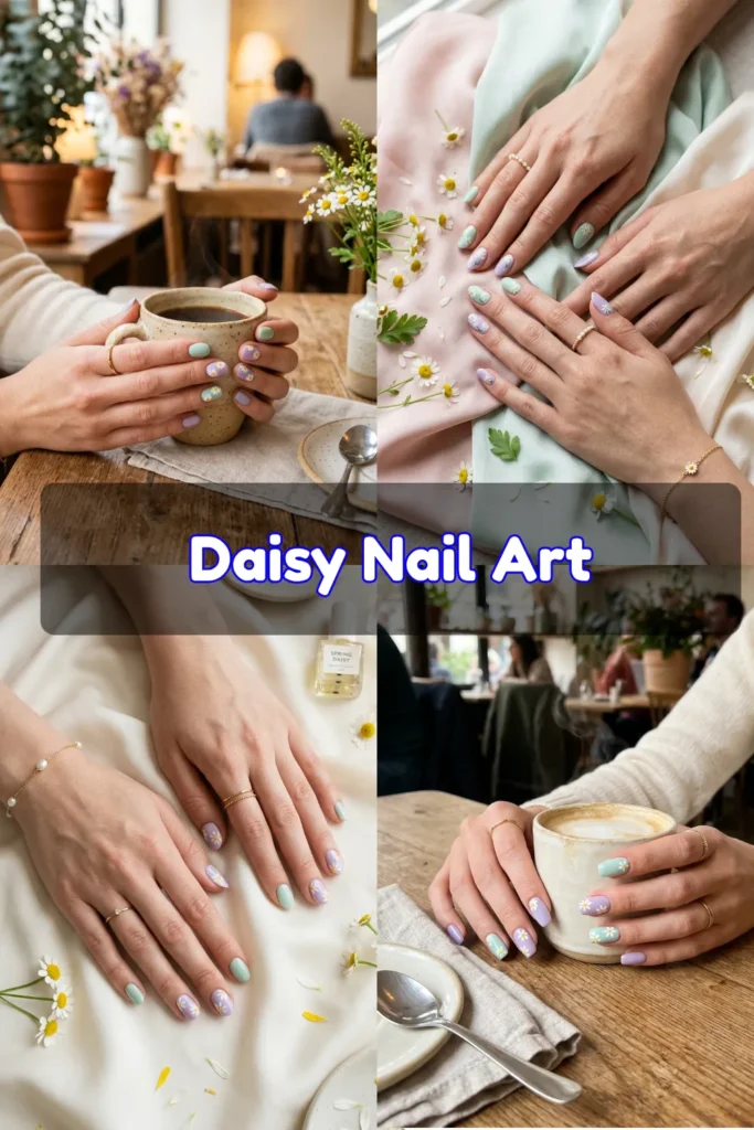  A four-quadrant photo collage showcasing cheerful daisy nail art on squoval-shaped nails. The manicure features an alternating pastel color palette of mint green and lavender purple base coats, accented with small, hand-painted white daisies with bright yellow centers. The panels show hands elegantly holding ceramic coffee mugs in a cozy cafe setting, resting on soft pink, sage green, and white silk fabrics, and accessorized with dainty gold rings and a pearl bracelet. A dark, translucent horizontal banner runs through the center with rounded white text outlined in blue that reads "Daisy Nail Art".