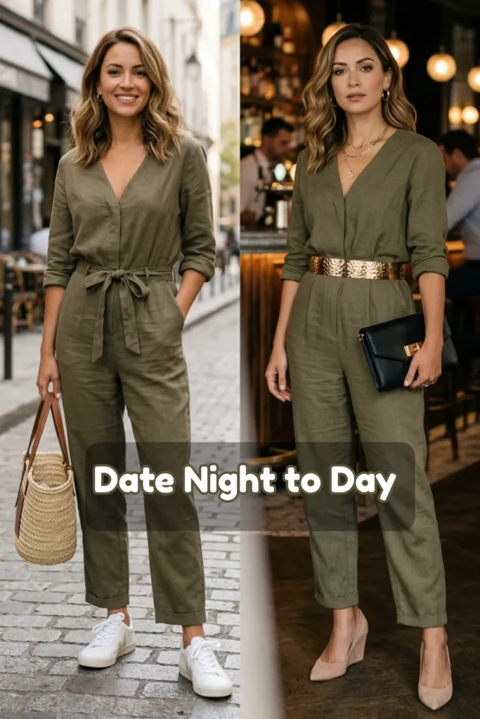 A side-by-side comparison image demonstrating how to style a casual linen jumpsuit for day and night. On the left, a smiling woman walks down a cobblestone city street in a relaxed daytime look, wearing a long-sleeved olive green linen jumpsuit with a modest V-neck and a self-tie fabric belt. She pairs it with white sneakers and a woven straw bucket bag. On the right, the same woman stands in a dimly lit bar, showcasing the evening transition. She wears the same olive green jumpsuit but elevates it with a wide, textured gold statement belt, layered gold necklaces, nude wedge heels, and a black leather clutch handbag. Graphic text across the middle reads "Date Night to Day."