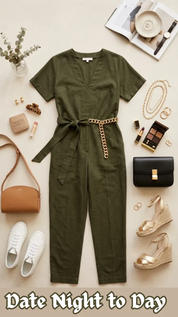 A flat-lay fashion curation on a cream-colored surface showcasing styling options for a single olive green linen jumpsuit. The short-sleeved jumpsuit features a V-neckline and a fabric tie-belt at the waist. Daytime accessories are arranged on the left side, featuring casual white sneakers, a tan leather crossbody bag, a nude makeup palette, and a simple tortoiseshell hair claw. Evening accessories are curated on the right side, showcasing metallic gold strappy wedge sandals, a sleek black leather clutch with gold hardware, a chunky gold chain belt, layered gold necklaces, and a luxury eyeshadow palette with lipstick. An open magazine and a small vase of dried eucalyptus frame the layout. At the bottom, stylized white text with a dark outline reads "Date Night to Day."