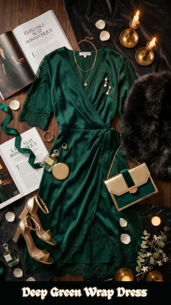 A flat lay fashion display centered around a deep emerald green satin wrap dress on a dark wood background. The dress features a V-neckline, short sleeves with intricate green lace detailing, and a matching lace trim along the asymmetrical hemline. Surrounding the dress are elegant date-night accessories: metallic gold block-heel sandals, a gold chain-strap clutch with green velvet accents, a dark faux fur stole, and layered gold necklaces. The arrangement is accented by two open fashion magazines displaying French romantic headlines, a luxury perfume bottle, gold compact, pearl drop earrings, scattered white rose petals, a sprig of white flowers, and several glowing candles in gold holders.