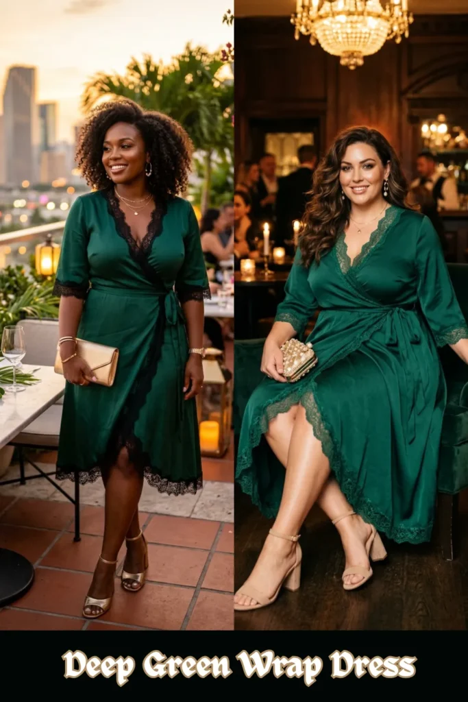 Two women posing in a side-by-side comparison wearing deep emerald green satin wrap dresses featuring delicate lace trim. On the left, a smiling Black woman with voluminous curly hair stands at an outdoor rooftop restaurant at sunset, wearing a green dress with black lace trim on the V-neckline, sleeves, and hem. She holds a gold metallic clutch and wears gold strappy heels. On the right, a smiling woman with long wavy brunette hair is seated in a dimly lit indoor lounge beneath a chandelier, wearing a similar green dress but with matching green lace trim. She holds a pearl-embellished clutch and wears nude block-heel sandals.