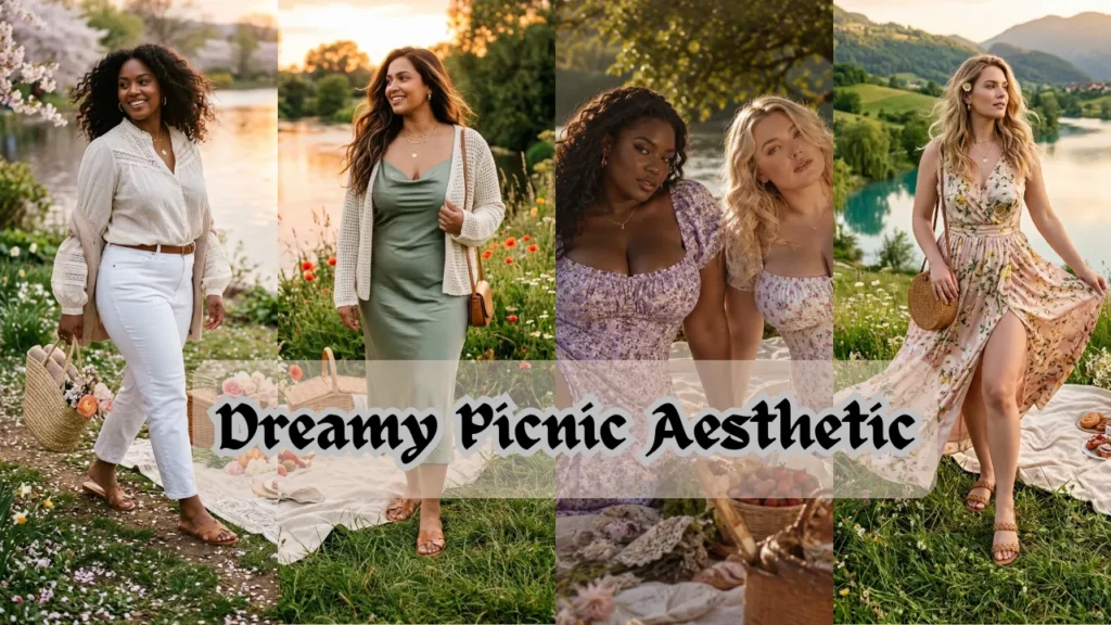 A collage of four images featuring diverse women in romantic picnic settings. From left to right: a woman in a white lace blouse and white jeans; a woman in a sage green slip dress and cream cardigan; two women in floral puff-sleeve dresses; and a woman in a flowy floral maxi dress by a lake. The text "Dreamy Picnic Aesthetic" is centered in a vintage-style font.