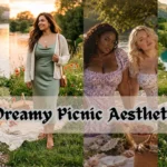 A collage of four images featuring diverse women in romantic picnic settings. From left to right: a woman in a white lace blouse and white jeans; a woman in a sage green slip dress and cream cardigan; two women in floral puff-sleeve dresses; and a woman in a flowy floral maxi dress by a lake. The text "Dreamy Picnic Aesthetic" is centered in a vintage-style font.