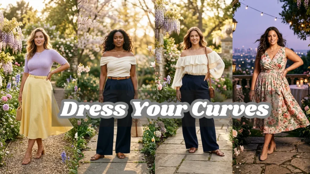 Four-panel collage titled "Dress Your Curves" featuring spring curve outfits for women. Styles include a lavender knit with a yellow A-line skirt, cream off-shoulder tops with navy wide-leg trousers, and a floral wrap dress. This visual guide from Dress Your Curves (1).webp showcases flattering silhouettes for different body shapes in a polished, old-money aesthetic.