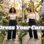Four-panel collage titled "Dress Your Curves" featuring spring curve outfits for women. Styles include a lavender knit with a yellow A-line skirt, cream off-shoulder tops with navy wide-leg trousers, and a floral wrap dress. This visual guide from Dress Your Curves (1).webp showcases flattering silhouettes for different body shapes in a polished, old-money aesthetic.