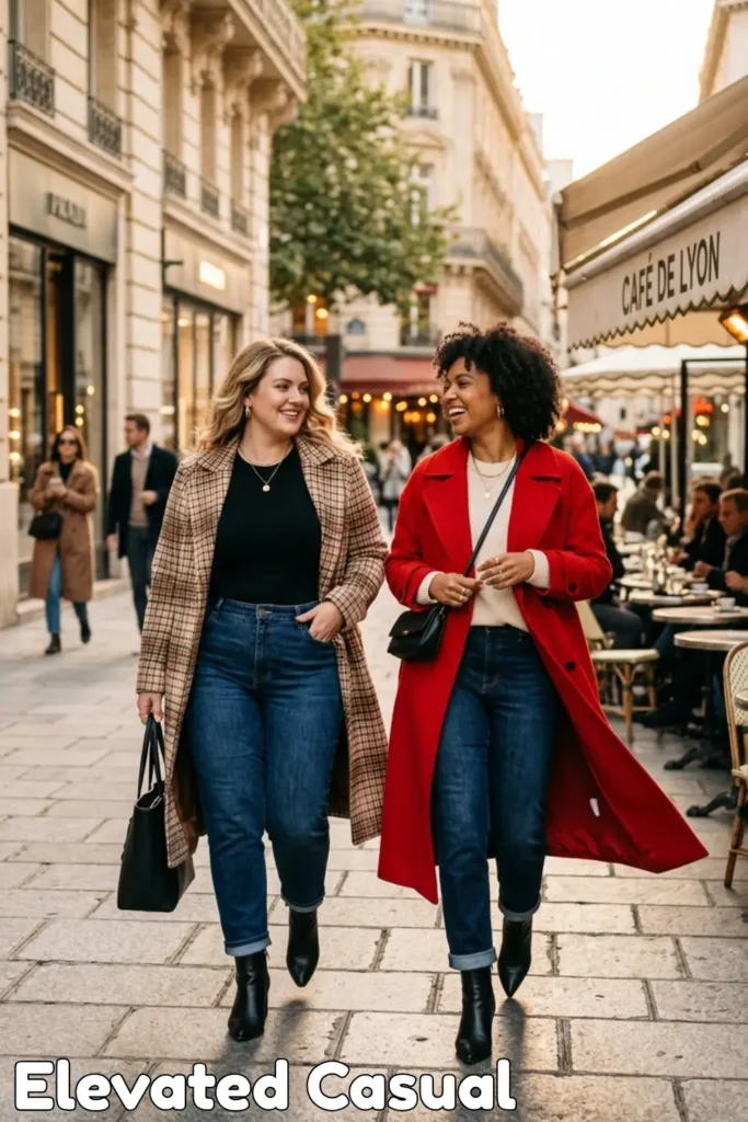 Two women illustrating the "Elevated Casual" formula for Power Outfits That Give Instant Confidence (Any Size). One woman wears a brown and tan plaid statement coat over a black top and cuffed jeans. The other woman models a bold red wool coat over a white knit top and cuffed jeans. They are walking and laughing on a street in Paris, demonstrating how a bold coat acts as "armor" for an unforgettable look.