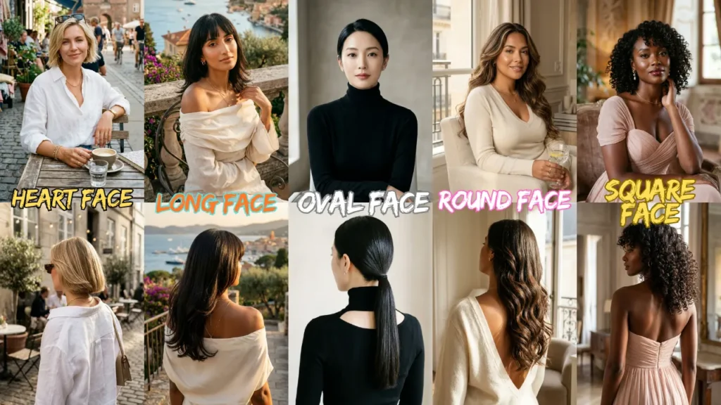 A style guide infographic split into five vertical columns, each showing a front view (top row) and a back or side view (bottom row) of a woman matching her hairstyle and neckline to her face shape. From left to right, the sections are labeled with stylized text:HEART FACE: A woman with a blonde bob in a white collared linen shirt.LONG FACE: A woman with long dark hair and blunt bangs in a cream off-the-shoulder top.OVAL FACE: A woman with a sleek low ponytail in a black cutout turtleneck.ROUND FACE: A woman with long, voluminous waves in a cream V-neck sweater.SQUARE FACE: A woman with textured shoulder-length curls in a pink sweetheart neckline dress.