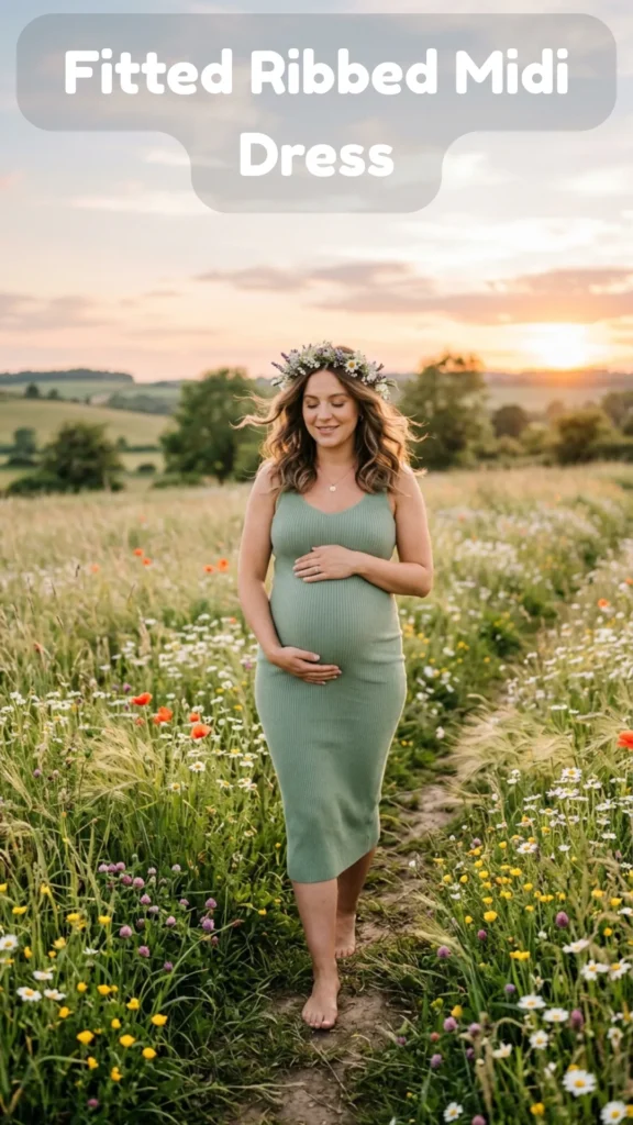A smiling pregnant woman walks barefoot through a wildflower field at sunset, modeling a Fitted Ribbed Midi Dress + Fresh Flower Crown. The Fitted Ribbed Midi Dress in a warm sage green knit hugs her baby bump, hips, and bust, paired with a delicate flower crown of small white blooms. She holds her belly, illustrating a body-confident and unapologetic maternity photoshoot spring look captured in golden hour light. This image from Fitted Ribbed Midi Dress.webp showcases a modern and radiant option for maternity pictures.