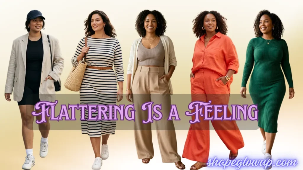 A size-inclusive fashion banner on a soft yellow background featuring five women modeling different stylish outfits: a blazer with a romper, a horizontal-striped midi dress, a ribbed crop top with wide-leg trousers, a vibrant orange linen set, and a fitted green knit midi dress. A center banner features purple text reading "FLATTERING IS A FEELING," with shapeglowup.com in the bottom right corner.