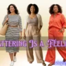 A size-inclusive fashion banner on a soft yellow background featuring five women modeling different stylish outfits: a blazer with a romper, a horizontal-striped midi dress, a ribbed crop top with wide-leg trousers, a vibrant orange linen set, and a fitted green knit midi dress. A center banner features purple text reading "FLATTERING IS A FEELING," with shapeglowup.com in the bottom right corner.