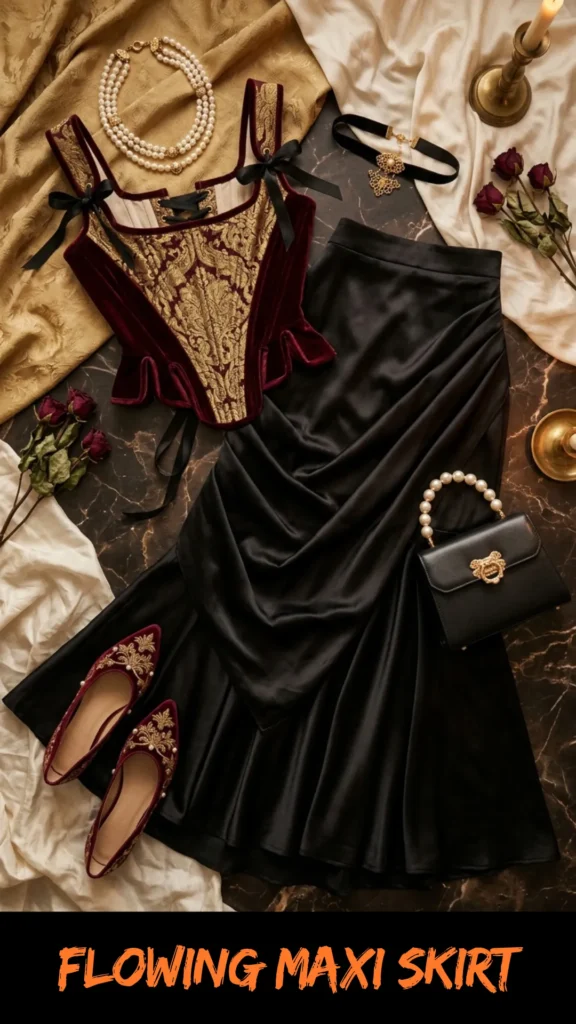A flat lay fashion composition featuring a Victorian-inspired outfit arranged on a dark marble surface accented with draped gold and cream satin fabrics. The ensemble consists of an ornate burgundy velvet corset with intricate gold brocade embroidery, black ribbon bows at the shoulders, and a long, flowing black satin maxi skirt. Accessories include a multi-strand pearl choker necklace, a black velvet choker with a gold pendant, burgundy pointed-toe flats with gold embroidery, a small black leather handbag with a pearl handle, dried red roses, and a vintage brass candle holder. Orange text at the bottom reads "FLOWING MAXI SKIRT".