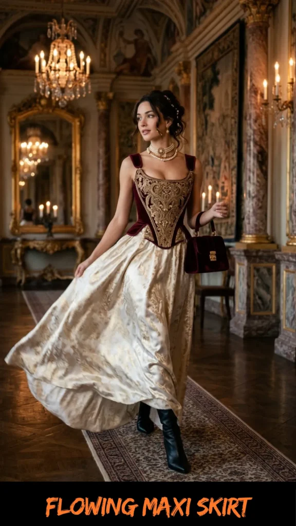 A fashion graphic featuring a woman with an elegant updo walking through an opulent, historic palace corridor with polished wooden floors and large tapestries. She is wearing a romantic renaissance-style outfit consisting of a fitted burgundy velvet corset bodice with ornate gold embroidery paired with a voluminous, flowing cream and gold jacquard maxi skirt. She is holding a small burgundy velvet handbag, wearing black leather boots, and accessorized with a multi-layered pearl necklace. The background is softly lit by crystal chandeliers and wall sconces. Orange text at the bottom reads "FLOWING MAXI SKIRT".