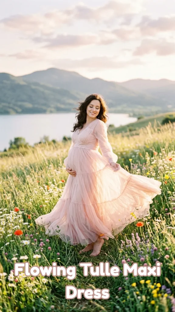 A pregnant woman posing in a wildflower field at golden hour, wearing a Flowing Tulle Maxi Dress for a dreamy maternity photoshoot spring look. The floor-length dress is a soft "blush pink" with an "empire waist" and "layers of tulle" that catch the wind. Standing barefoot with mountains and a lake in the background, she illustrates "pure maternity photoshoot spring magic". This image from Flowing Tulle Maxi Dress.webp showcases the romantic, ethereal style perfect for forever photos.