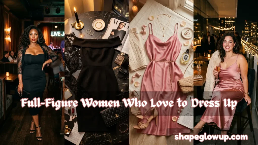 A four-panel vertical collage featuring full-figure women and date night outfits. On the left, a Black woman wears a black off-shoulder bodycon dress with lace sleeves. Beside her, a moody flat lay shows the same dress with a quilted clutch and candle. Next, a bright flat lay displays a rose pink satin slip dress with a cable-knit cardigan and heels. On the right, a brunette woman wears the same pink slip dress with a faux fur jacket on a rooftop. Center text reads "Full-Figure Women Who Love to Dress Up." Website shapeglowup.com is in the corner.