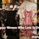 A four-panel vertical collage featuring full-figure women and date night outfits. On the left, a Black woman wears a black off-shoulder bodycon dress with lace sleeves. Beside her, a moody flat lay shows the same dress with a quilted clutch and candle. Next, a bright flat lay displays a rose pink satin slip dress with a cable-knit cardigan and heels. On the right, a brunette woman wears the same pink slip dress with a faux fur jacket on a rooftop. Center text reads "Full-Figure Women Who Love to Dress Up." Website shapeglowup.com is in the corner.