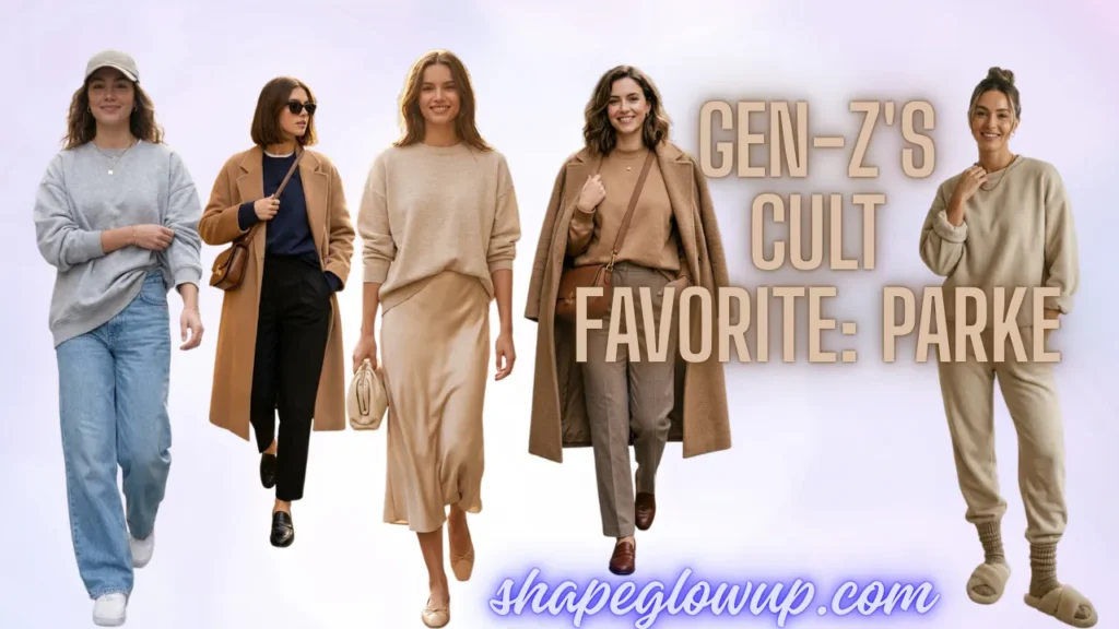A horizontal banner graphic against a soft lavender gradient background featuring five women walking forward, each showcasing a different way to style a Parke sweatshirt. From left to right: the first wears a heather grey sweatshirt with baggy jeans and a baseball cap; the second wears a navy sweatshirt with black trousers and a long camel wool coat; the third wears a cream sweatshirt with a satin champagne midi skirt; the fourth wears a camel sweatshirt with taupe trousers and a matching camel coat; and the fifth wears a monochrome oatmeal loungewear sweatset with slouch socks and fuzzy slides. Large tan text on the right reads "GEN-Z'S CULT FAVORITE: PARKE," and the website URL "shapeglowup.com" is written at the bottom in a blue glowing cursive font.