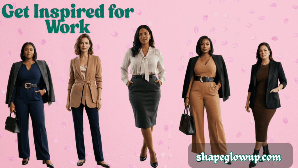 A wide, five-panel fashion banner on a light pink background with scattered flower petals, showcasing professional, size-inclusive office outfits for women. From left to right: a woman in a navy jumpsuit with a black belt and a gray blazer draped over her shoulders; a woman in dark trousers and a belted tan blazer over a satin camisole; a woman in a charcoal gray pencil skirt and a patterned pussy-bow blouse; a woman in a tan wide-leg jumpsuit cinched with a wide black belt and a black blazer on her shoulders; and a woman in a ribbed brown midi dress paired with a tailored black blazer and ankle boots