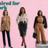 A wide, five-panel fashion banner on a light pink background with scattered flower petals, showcasing professional, size-inclusive office outfits for women. From left to right: a woman in a navy jumpsuit with a black belt and a gray blazer draped over her shoulders; a woman in dark trousers and a belted tan blazer over a satin camisole; a woman in a charcoal gray pencil skirt and a patterned pussy-bow blouse; a woman in a tan wide-leg jumpsuit cinched with a wide black belt and a black blazer on her shoulders; and a woman in a ribbed brown midi dress paired with a tailored black blazer and ankle boots