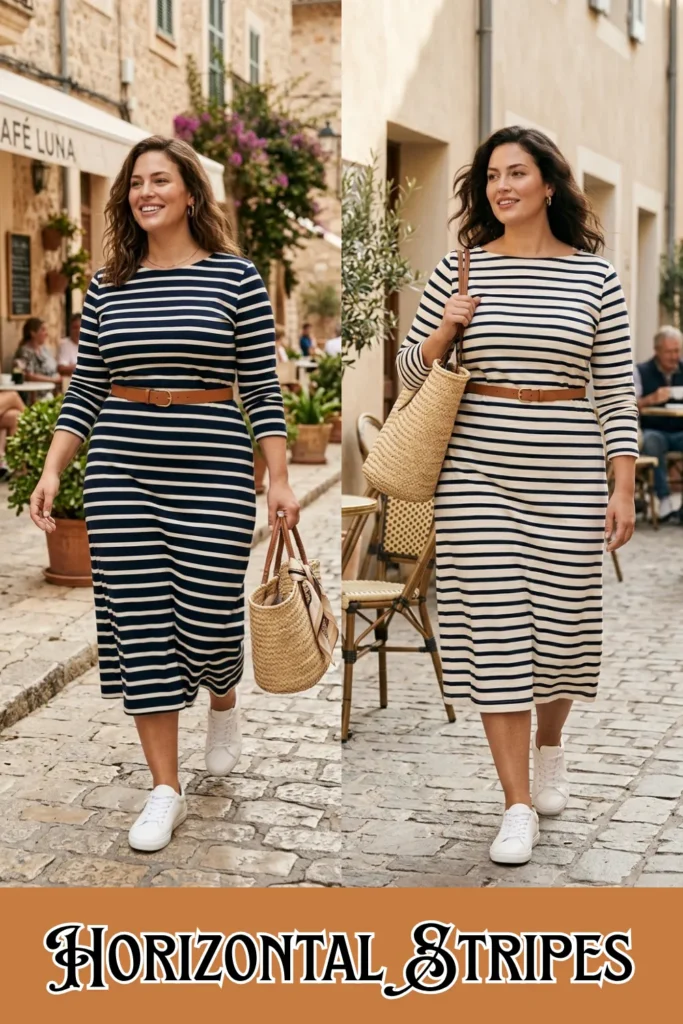 A side-by-side fashion comparison on a warm brown background featuring two styling options for a classic horizontal-striped midi dress on a cobblestone city street. On the left, a smiling woman walks forward in a dark navy midi dress with crisp white horizontal stripes, styled with a tan leather belt, clean white sneakers, and a woven straw tote bag with a tied silk scarf. On the right, the same woman models a cream-colored midi dress with thin navy horizontal stripes, paired with an identical tan belt, white sneakers, and a woven straw shoulder tote bag. Stylized black and white script text at the bottom reads "HORIZONTAL STRIPES".