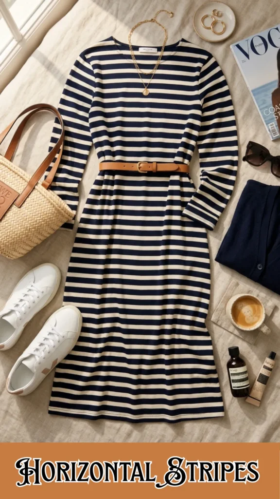 A high-angle fashion flat lay on a textured cream linen background featuring a casual outfits formula. At the center is a long-sleeve midi dress with navy and cream horizontal stripes, styled with a tan leather belt. Arranged around the dress are white leather sneakers, a woven straw tote bag, a folded navy cardigan, dark sunglasses, a delicate layered gold necklace, gold hoop earrings, a Vogue magazine, a cup of espresso coffee, and skincare bottles. Stylized black and white script text at the bottom reads "HORIZONTAL STRIPES".