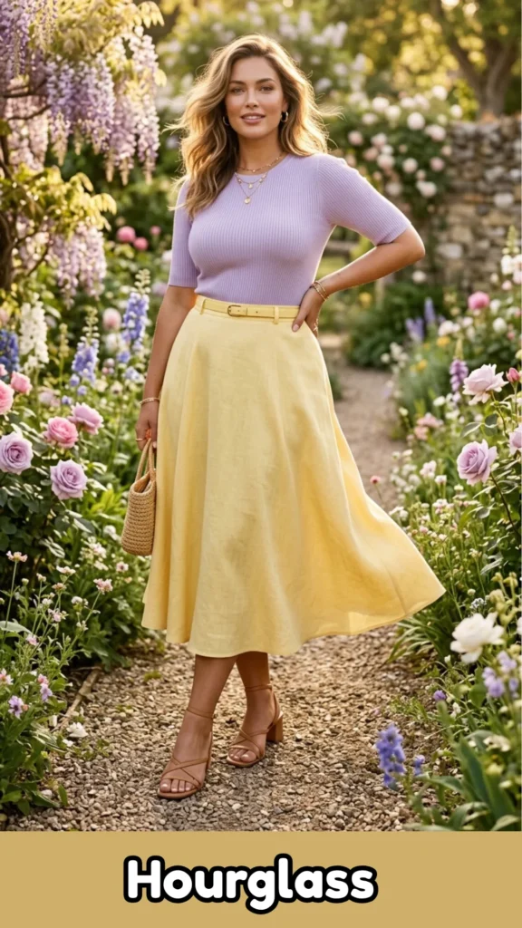 A woman with an hourglass figure models a spring trend outfit in a blooming lavender garden. She wears a ribbed, fitted knit top in soft lavender tucked into a butter yellow A-line midi skirt, highlighting a defined waist. The look is styled with a thin yellow belt to create a seamless line, tan strappy sandals, and a small woven bag. This ensemble perfectly illustrates the Hourglass: The Fitted Knit + A-Line Skirt formula and spring outfits 2026 trends for a balanced, flattering silhouette.