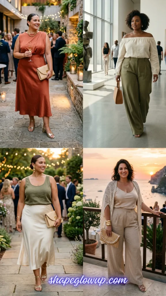 Four-panel collage illustrating minimalist summer styling for curves. Outfits feature tailored silhouettes, off-the-shoulder tops, wide-leg linen trousers, and silk midi skirts in warm earth tones and neutrals.
