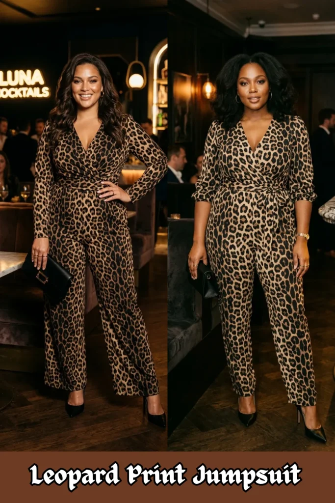 Two women presenting side-by-side fashion looks featuring a bold leopard print jumpsuit with a wrap-style V-neckline. Both are styled with classic black pointed-toe high heels, black clutches, and minimal gold jewelry. On the left, a smiling brunette woman with long, wavy hair stands with one hand on her hip in a lounge labeled "Luna Cocktails," wearing a long-sleeved jumpsuit with a wide-leg silhouette. On the right, a smiling Black woman with voluminous, shoulder-length dark hair poses in a dimly lit upscale restaurant, wearing a similar jumpsuit with three-quarter sleeves and a tapered leg.
