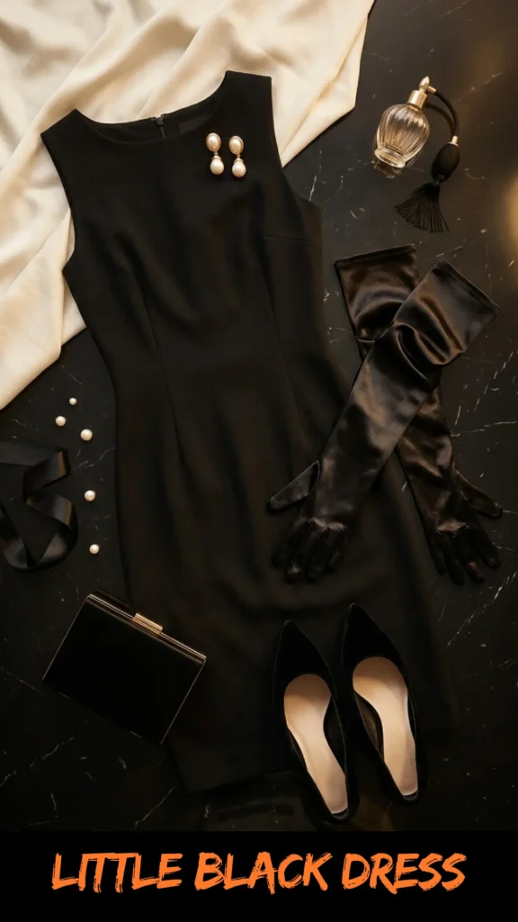 A flat lay fashion composition featuring an elegant, classic outfit laid out on a black marble surface accented with a draped white cloth. The center piece is a sleeveless, boat-neck black sheath dress styled with a pair of pearl drop earrings on the neckline, long black satin opera gloves, black pointed-toe high heels, and a structured black clutch bag with a gold clasp. Decorative elements include loose pearls, a curled black ribbon, and a vintage glass perfume atomizer with a black tassel pump. Orange text at the bottom reads "LITTLE BLACK DRESS".